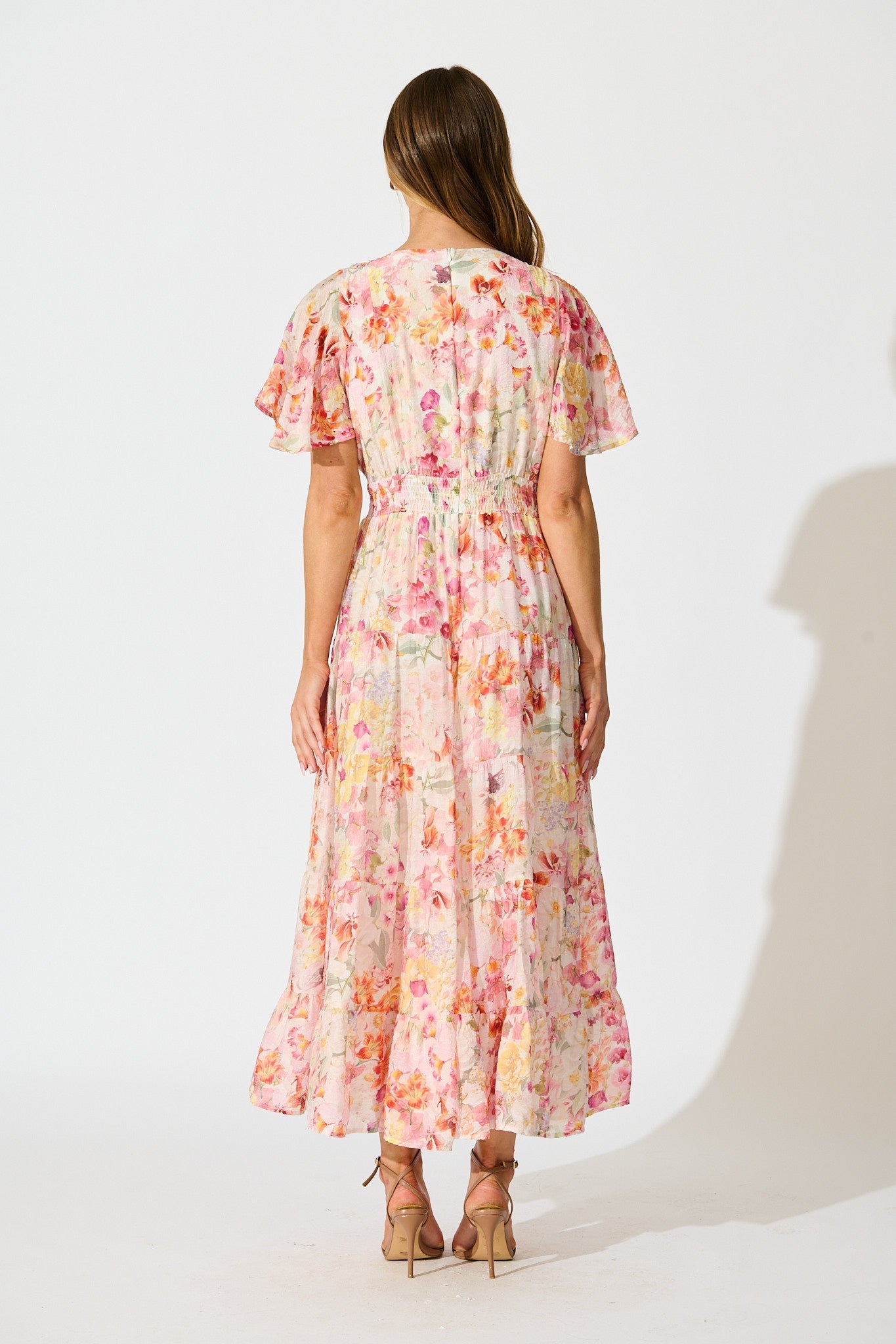 Women’s Floral Print Short Sleeve V-Neck Tiered Maxi Dress
