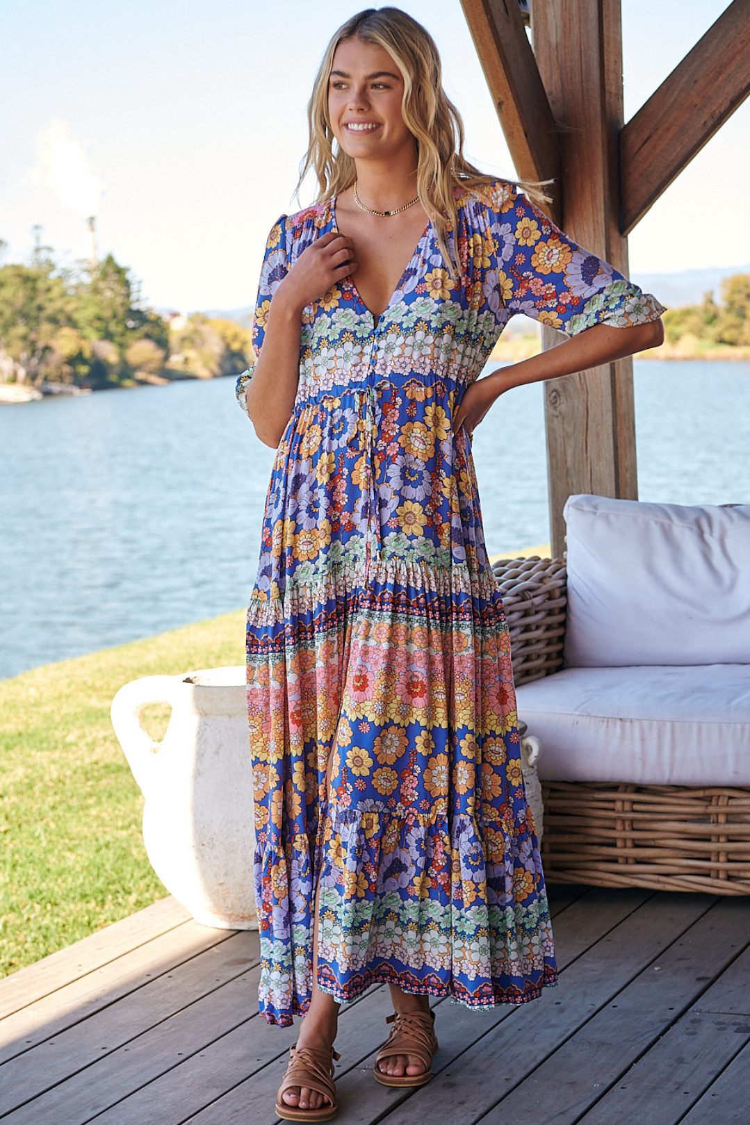 Women’s Floral Print Tie Waist Maxi Dress