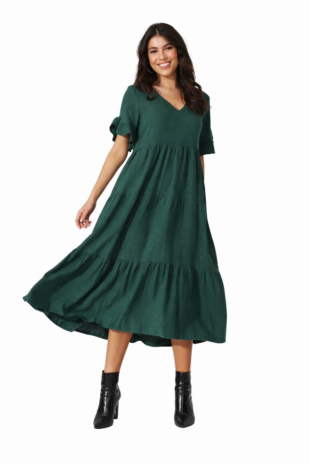Women’s Tiered Gathered Waist Flounce Sleeve Midi Dress
