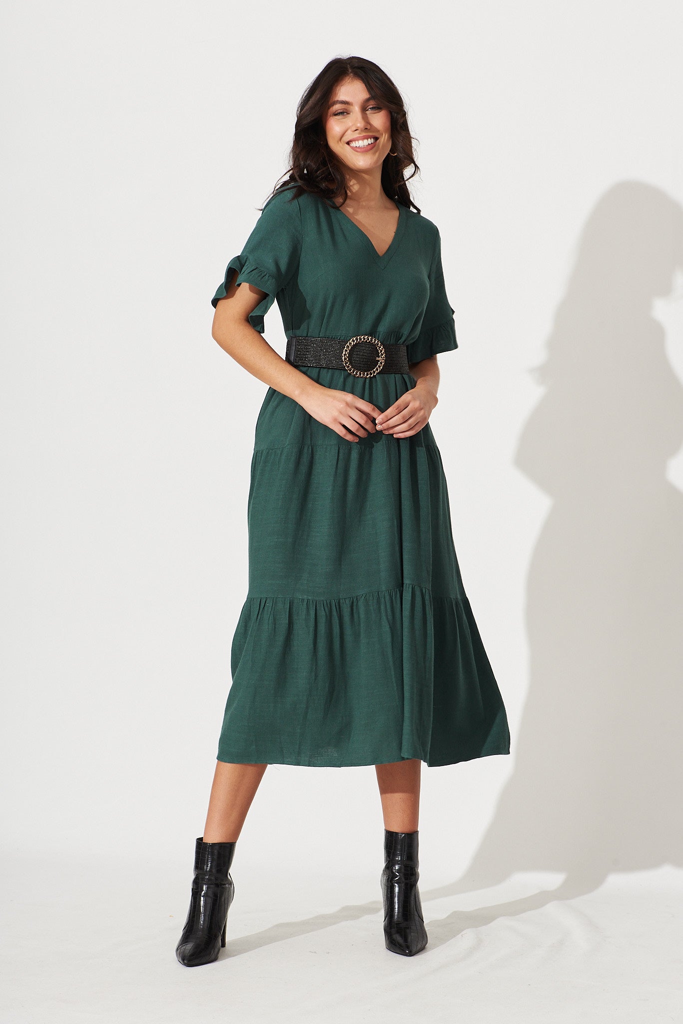 Women’s Tiered Gathered Waist Flounce Sleeve Midi Dress