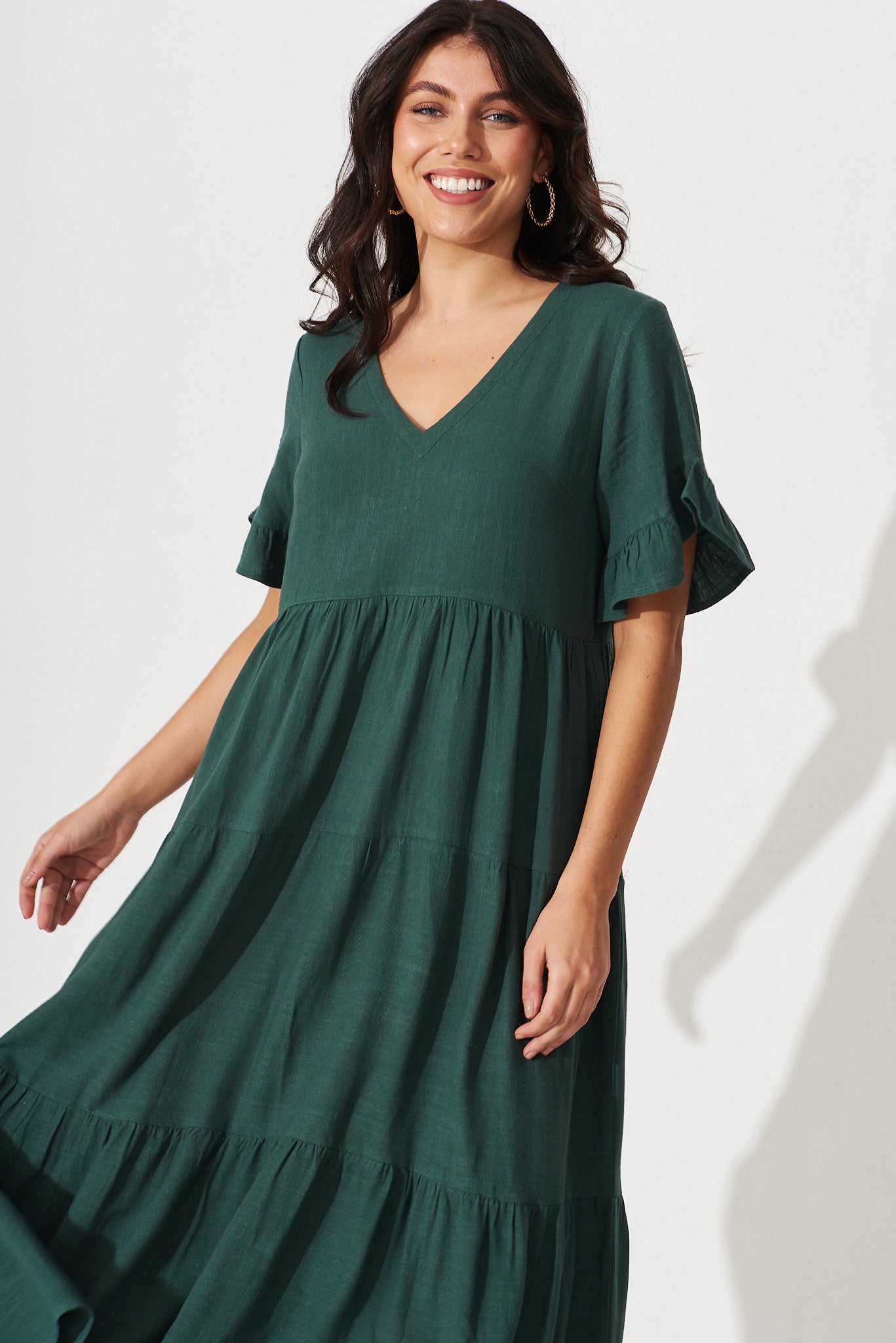 Women’s Tiered Gathered Waist Flounce Sleeve Midi Dress