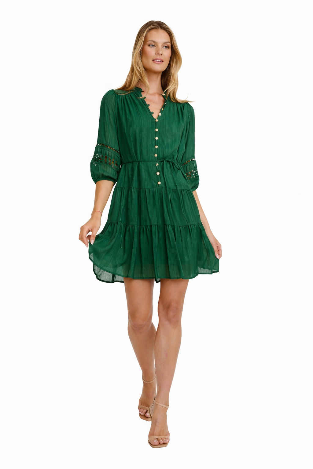 Women’s Gathered Neck Button Front Tiered Sheer Sleeve Mini Dress