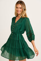 Women’s Gathered Neck Button Front Tiered Sheer Sleeve Mini Dress
