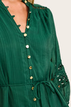 Women’s Gathered Neck Button Front Tiered Sheer Sleeve Mini Dress