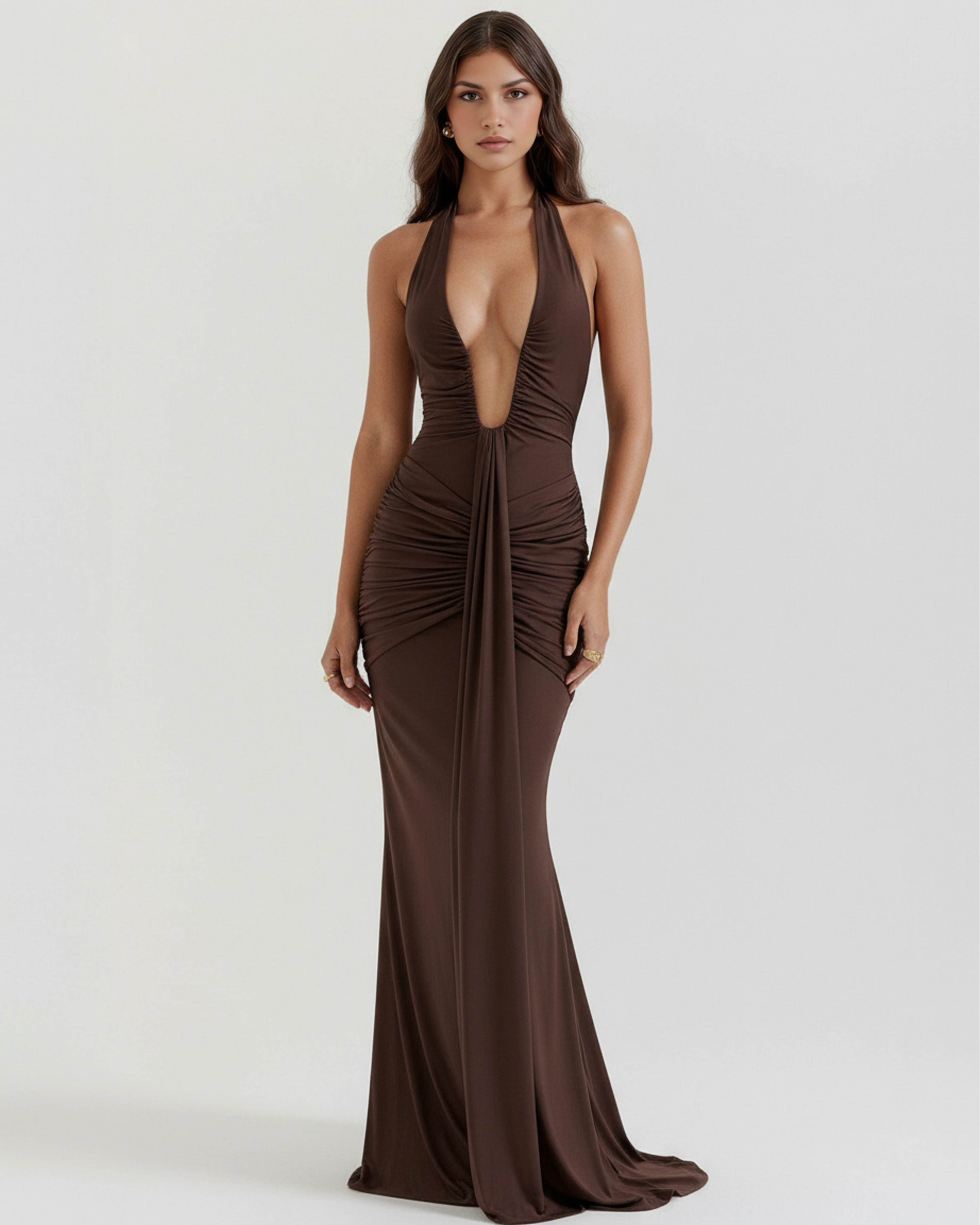 Women’s Halter Neck Ruched Maxi Dress with Front Drape