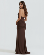 Women’s Halter Neck Ruched Maxi Dress with Front Drape