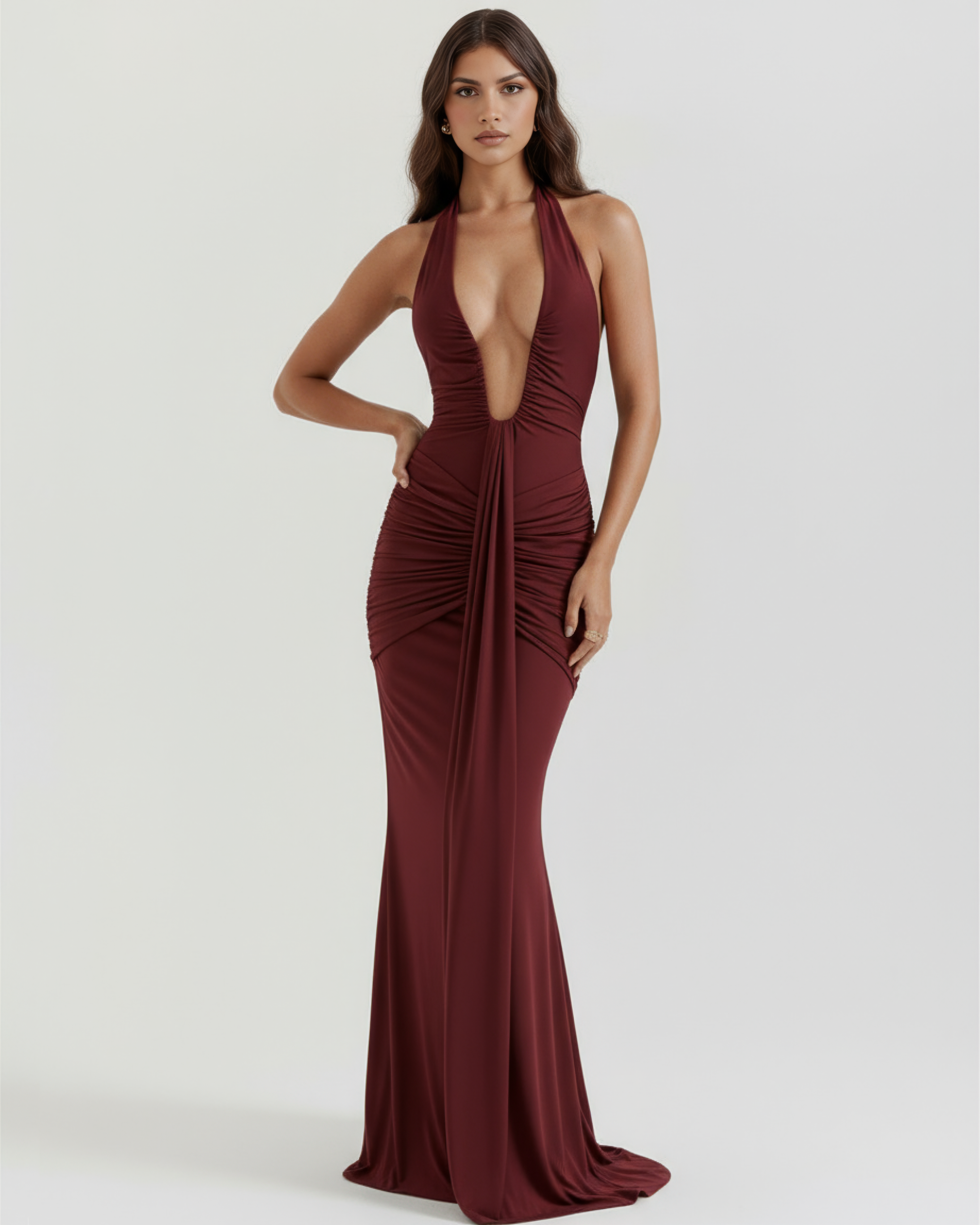 Women’s Halter Neck Ruched Maxi Dress with Front Drape