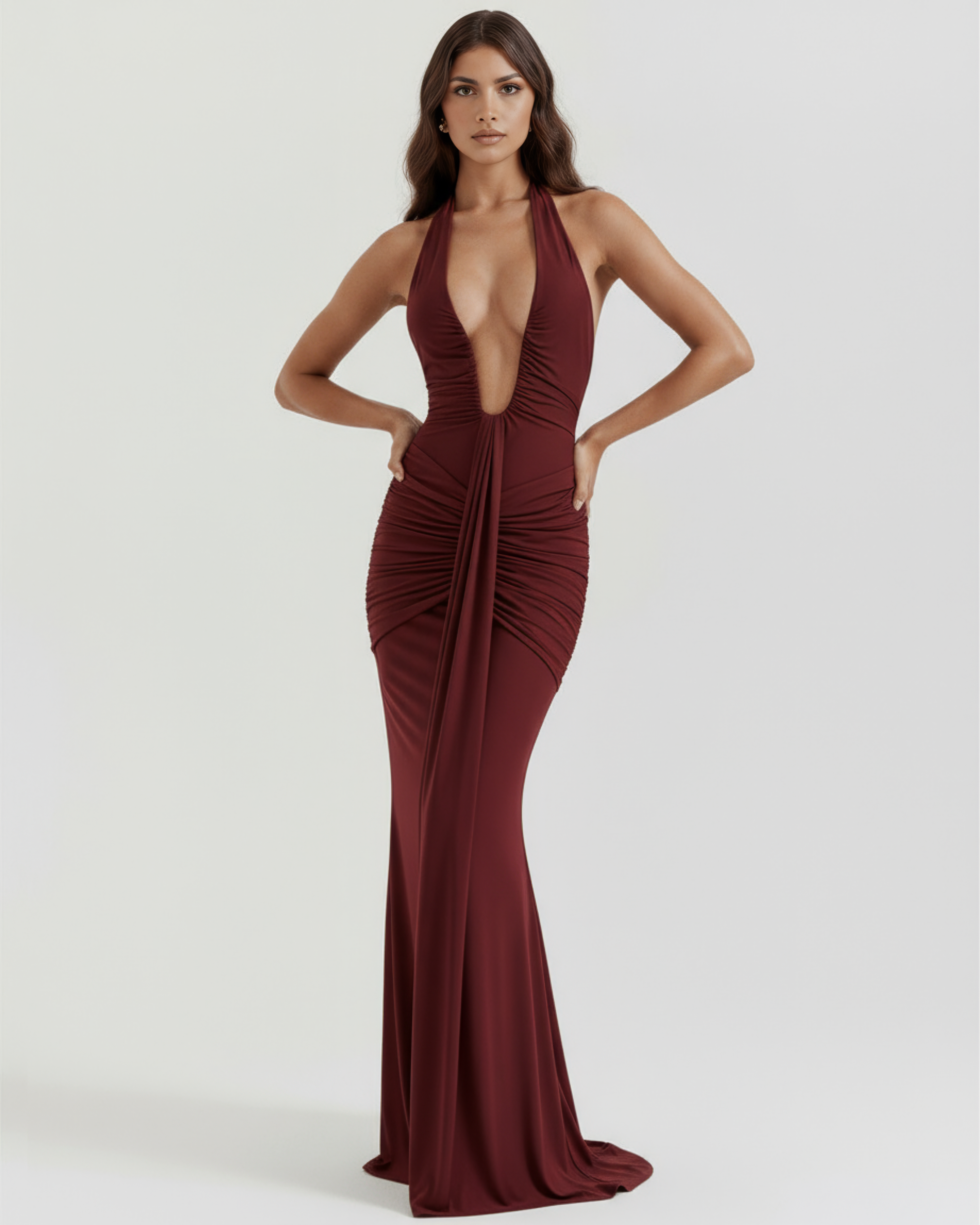 Women’s Halter Neck Ruched Maxi Dress with Front Drape