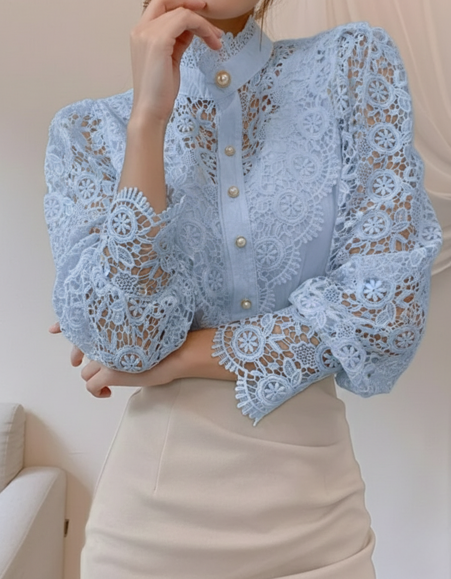 Women’s Lace Long Sleeve Button-Front Blouse