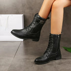 Women’s Lace-Up Mid Calf Boots with Side Zip and Strap Buckle