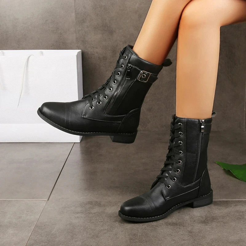 Women’s Lace-Up Mid Calf Boots with Side Zip and Strap Buckle