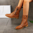 Women’s Lace-Up Mid Calf Boots with Side Zip and Strap Buckle