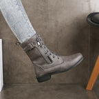 Women’s Lace-Up Mid Calf Boots with Side Zip and Strap Buckle