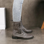 Women’s Lace-Up Mid Calf Boots with Side Zip and Strap Buckle