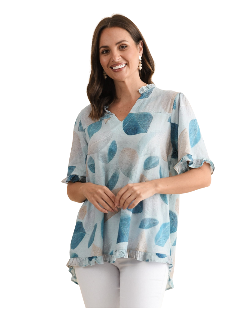 Women’s Leaf Print Short Sleeve Ruffle Top
