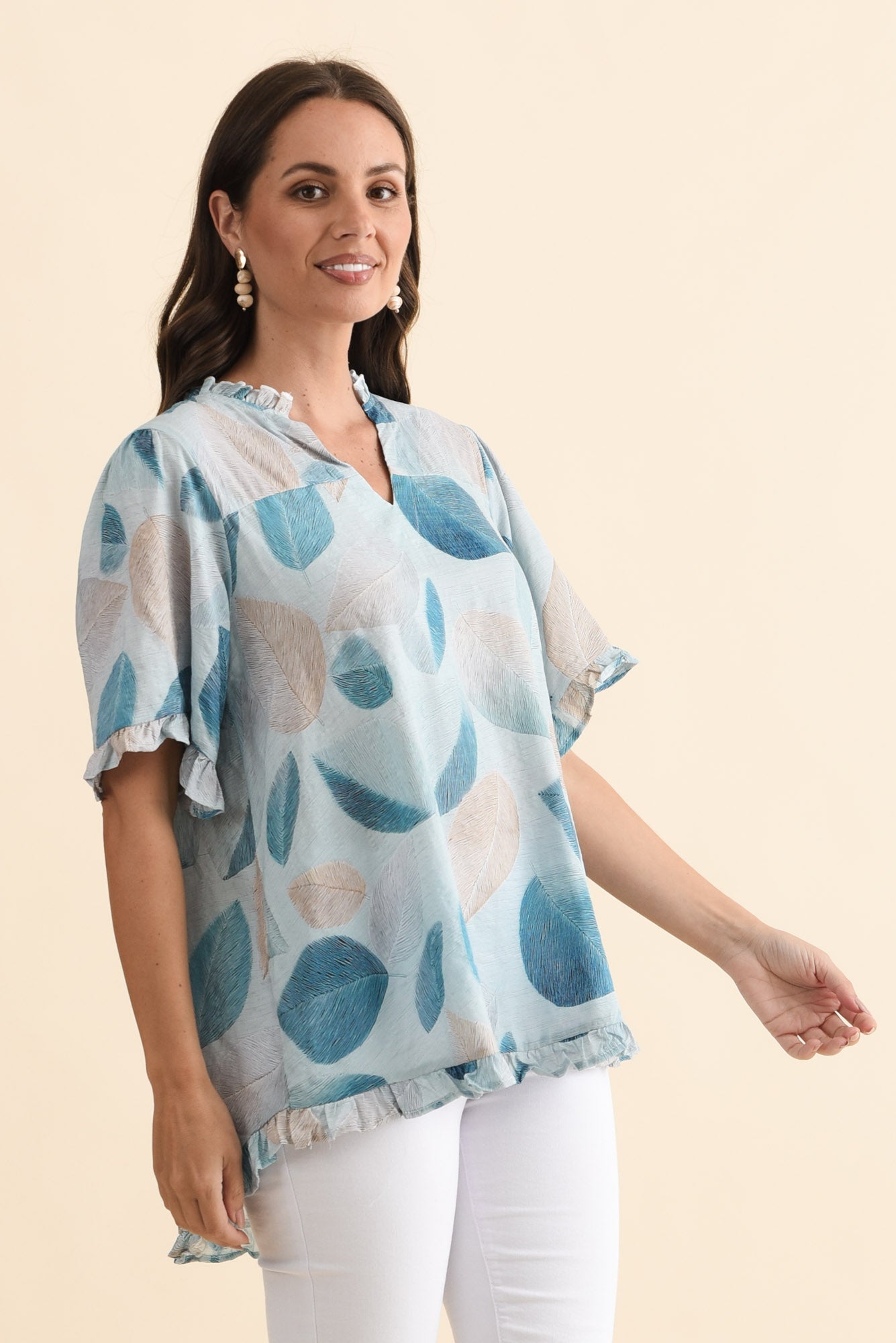 Women’s Leaf Print Short Sleeve Ruffle Top