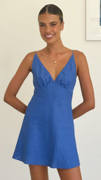 Women’s Linen Mini Dress with V Neckline and Ruched Bust Detail
