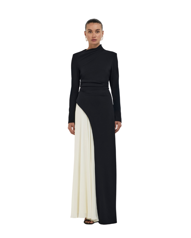 Women’s Long Sleeve Asymmetrical Neck Two-Tone Maxi Dress