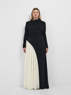 Women’s Long Sleeve Asymmetrical Neck Two-Tone Maxi Dress