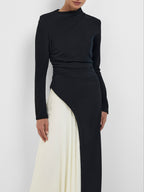 Women’s Long Sleeve Asymmetrical Neck Two-Tone Maxi Dress