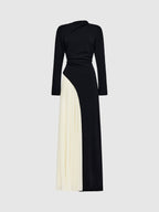 Women’s Long Sleeve Asymmetrical Neck Two-Tone Maxi Dress