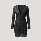 Women’s Long Sleeve Deep V-Neck Sequin Dress