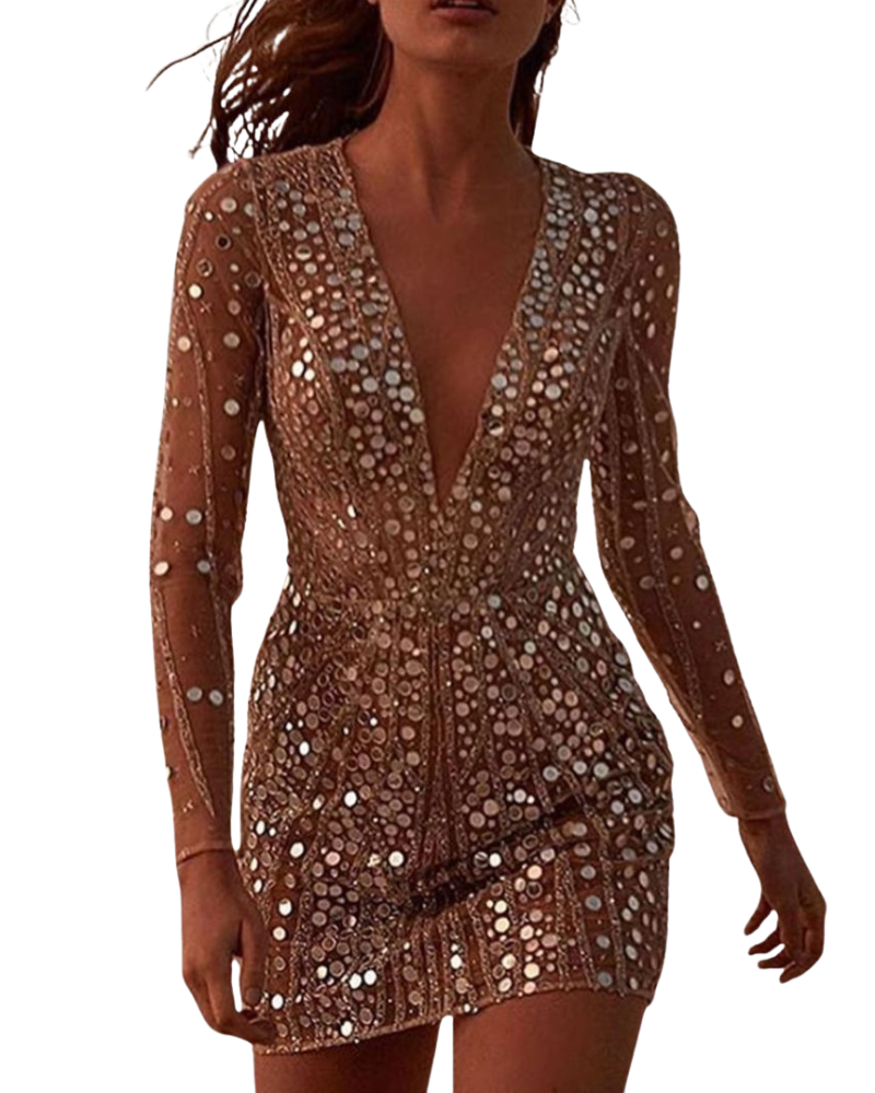 Women’s Long Sleeve Deep V-Neck Sequin Dress