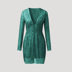 Women’s Long Sleeve Deep V-Neck Sequin Dress