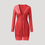 Women’s Long Sleeve Deep V-Neck Sequin Dress