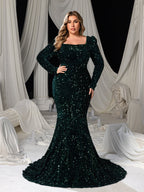 Women's Sequin Maxi Dress with Long Sleeves and Scoop Back