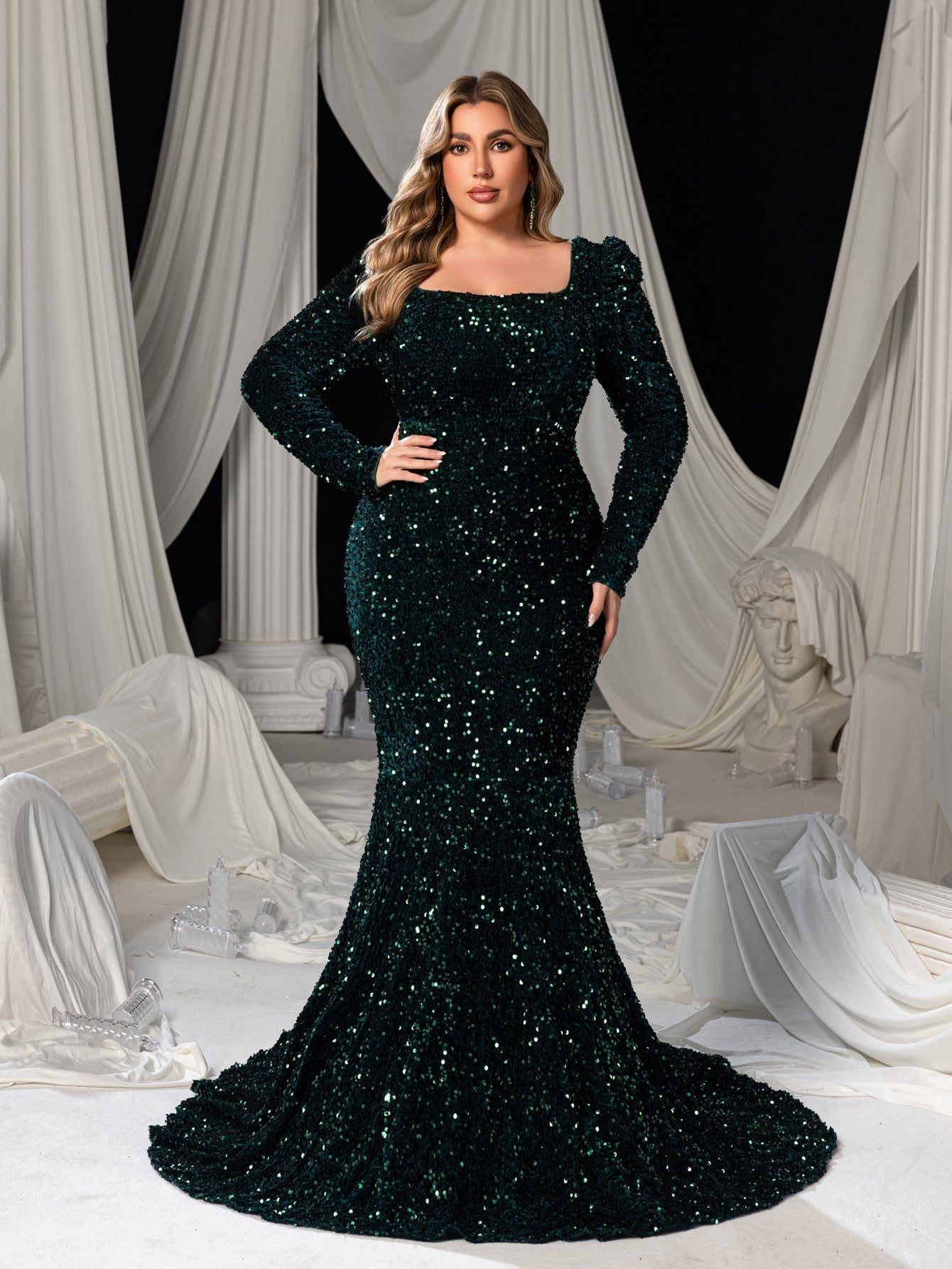 Women's Sequin Maxi Dress with Long Sleeves and Scoop Back