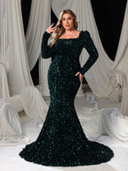 Women's Sequin Maxi Dress with Long Sleeves and Scoop Back