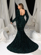 Women's Sequin Maxi Dress with Long Sleeves and Scoop Back