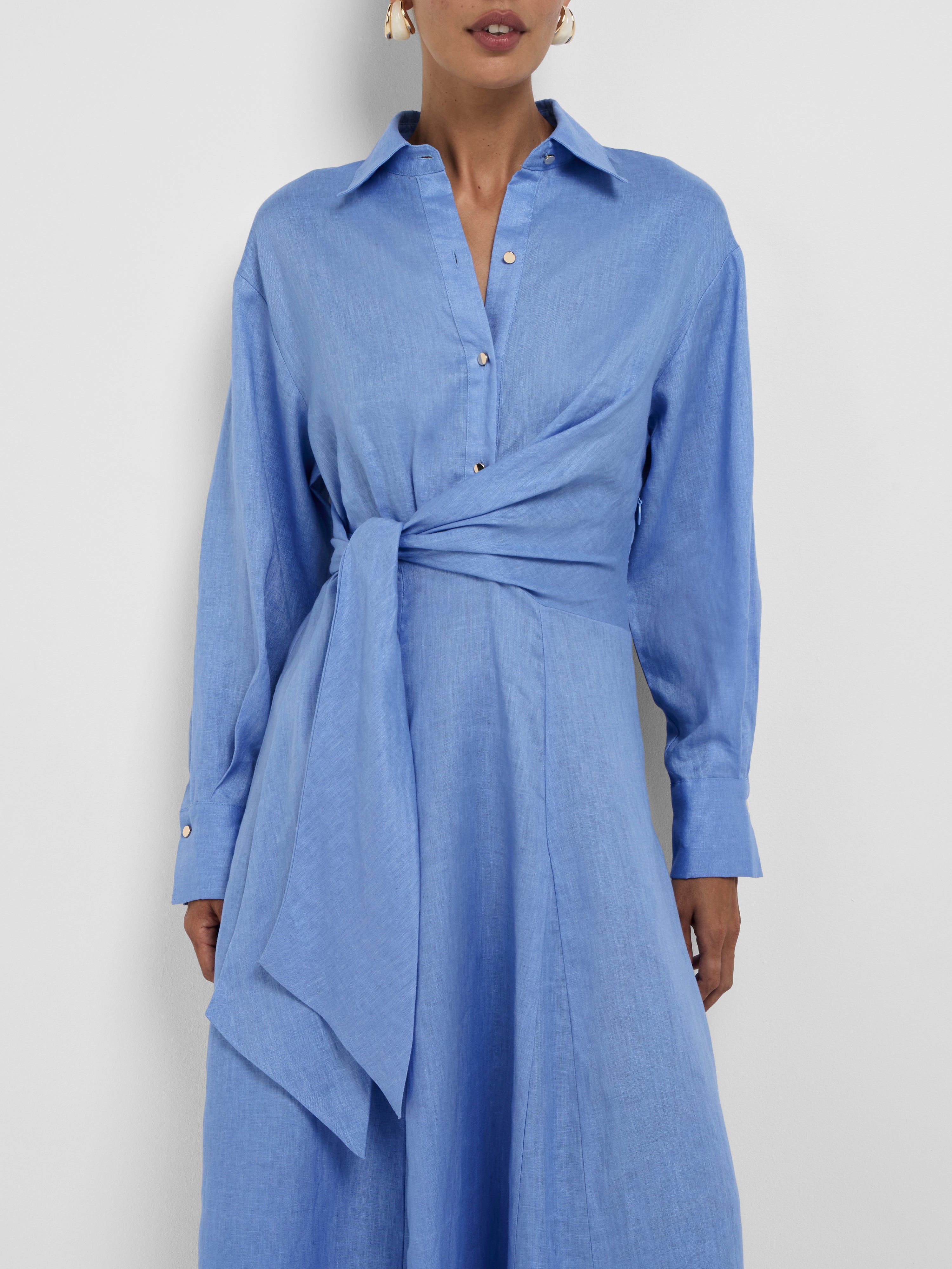 Women’s Long Sleeve Shirt Collar Maxi Dress with Wrap Tie Waist