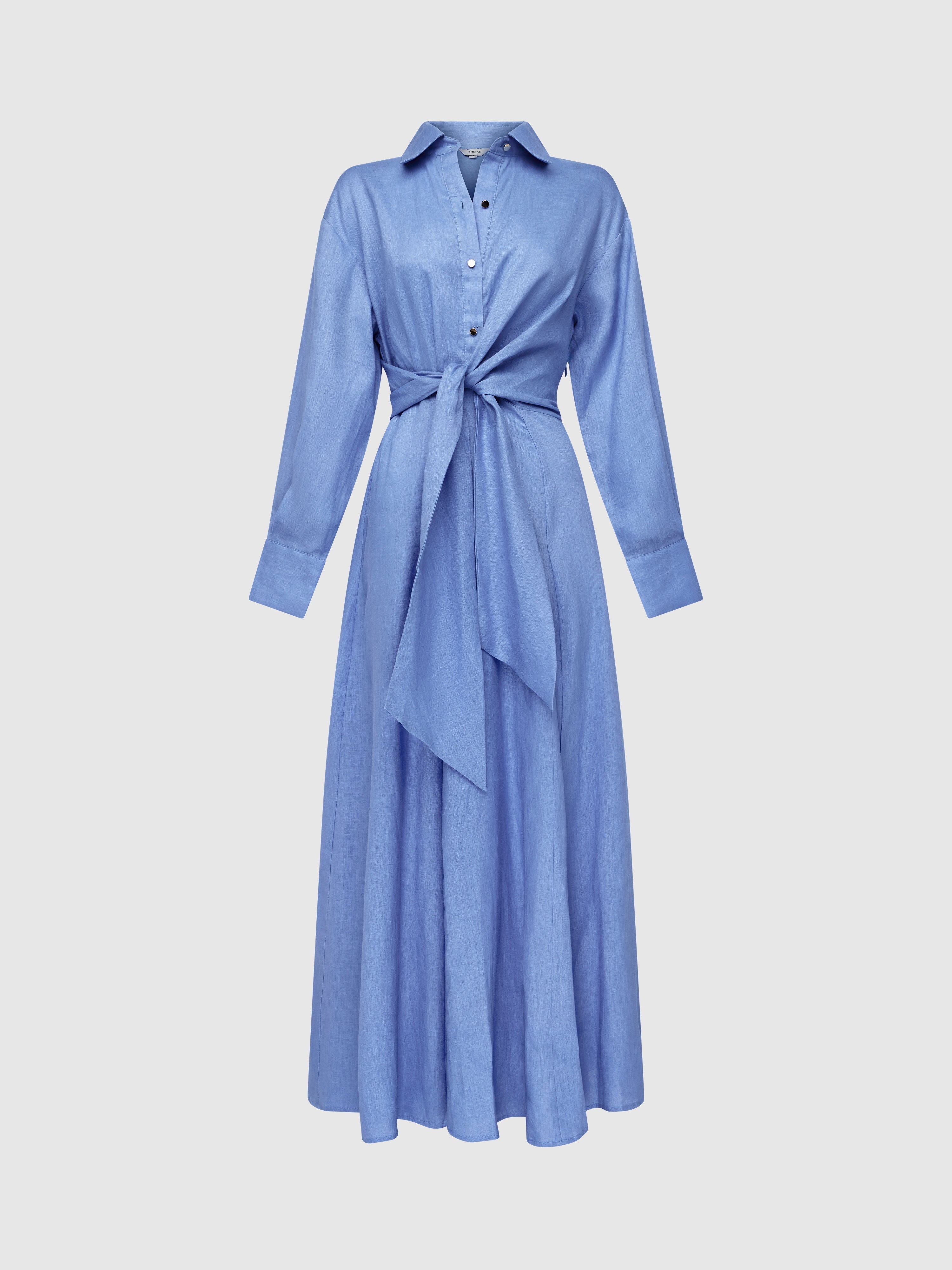 Women’s Long Sleeve Shirt Collar Maxi Dress with Wrap Tie Waist