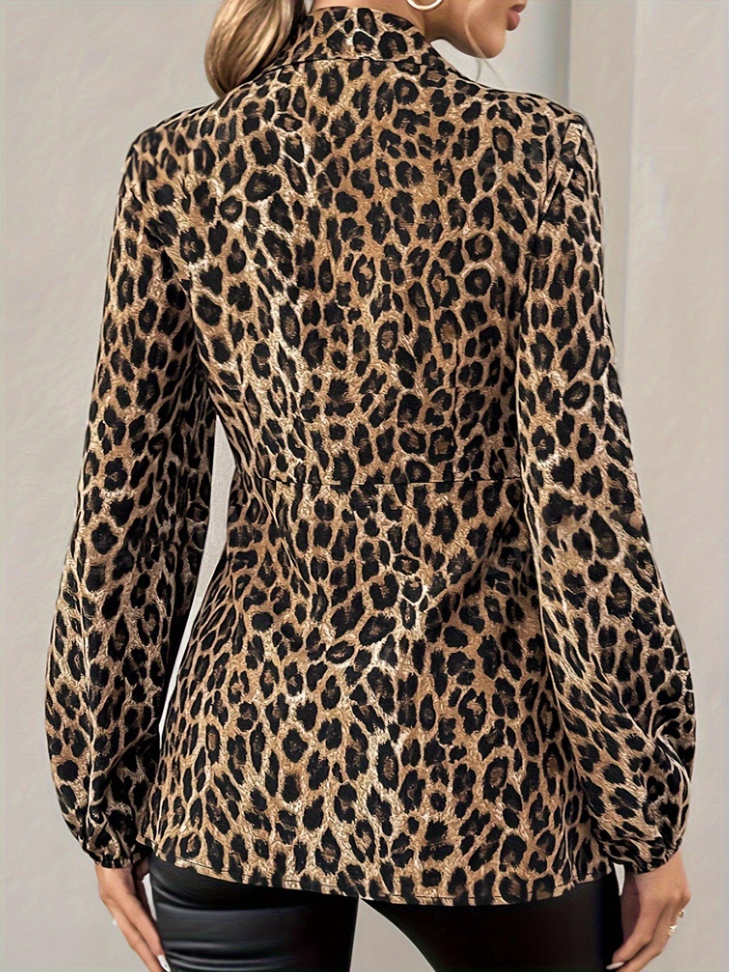Women’s Long Sleeve Tie Waist Wrap Blouse Leopard Print