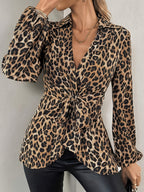 Women’s Long Sleeve Tie Waist Wrap Blouse Leopard Print
