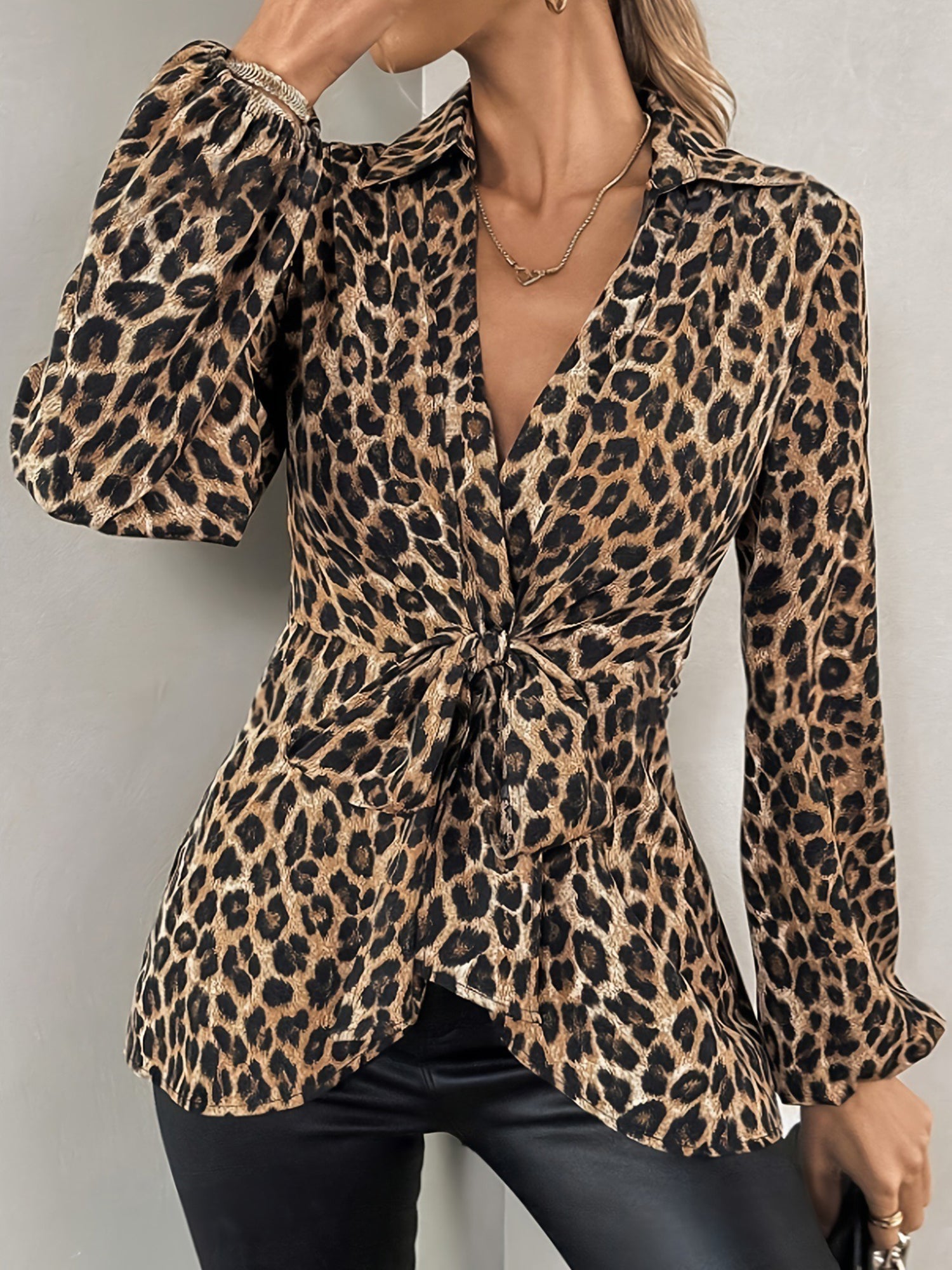 Women’s Long Sleeve Tie Waist Wrap Blouse Leopard Print
