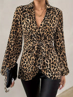 Women’s Long Sleeve Tie Waist Wrap Blouse Leopard Print