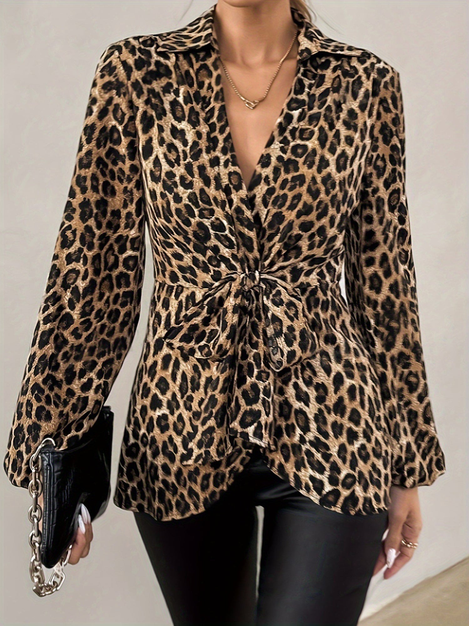 Women’s Long Sleeve Tie Waist Wrap Blouse Leopard Print