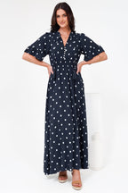 Women’s Maxi Dress V-Neck Short Sleeve Elasticated Waist Polka Dot Dress