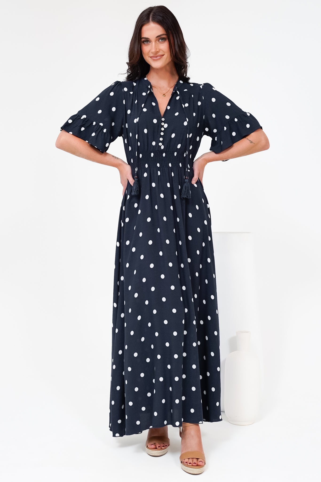 Women’s Maxi Dress V-Neck Short Sleeve Elasticated Waist Polka Dot Dress