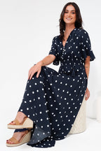 Women’s Maxi Dress V-Neck Short Sleeve Elasticated Waist Polka Dot Dress