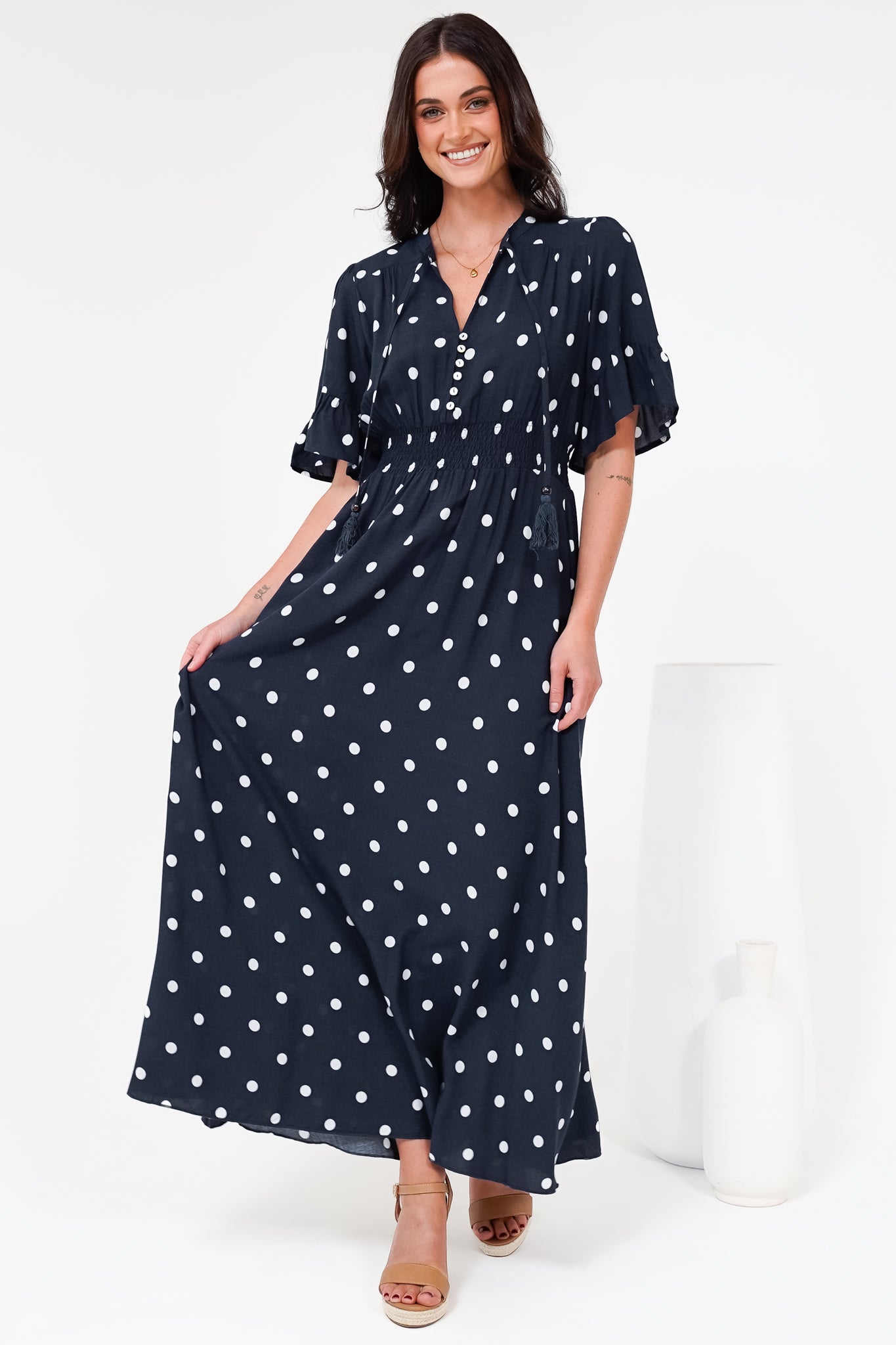 Women’s Maxi Dress V-Neck Short Sleeve Elasticated Waist Polka Dot Dress