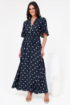 Women’s Maxi Dress V-Neck Short Sleeve Elasticated Waist Polka Dot Dress
