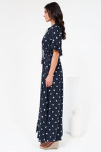 Women’s Maxi Dress V-Neck Short Sleeve Elasticated Waist Polka Dot Dress
