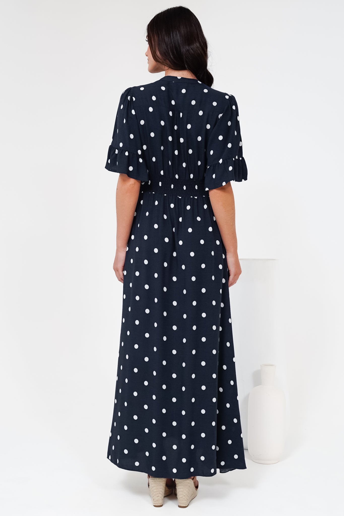 Women’s Maxi Dress V-Neck Short Sleeve Elasticated Waist Polka Dot Dress