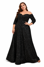 Women's Off-Shoulder Sequin A-Line Maxi Dress with Three Quarter Sleeves