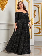 Women's Off-Shoulder Sequin A-Line Maxi Dress with Three Quarter Sleeves