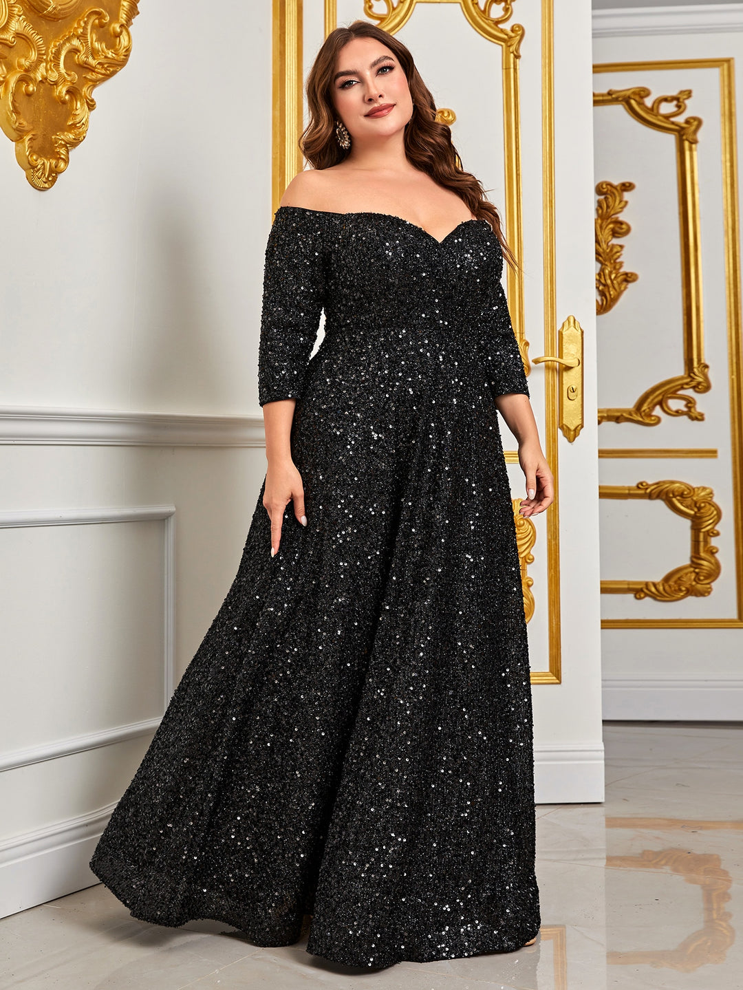 Women's Off-Shoulder Sequin A-Line Maxi Dress with Three Quarter Sleeves